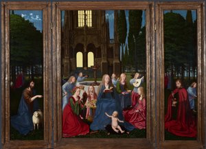 Jomfruen og barnet med hellige og engle i en have, ca. 1500