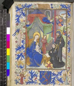 Tilføj 17440 f.13v Liljejomfru med protektor Willem van Bossunt, fra Gent-missalet af Netherlandish School