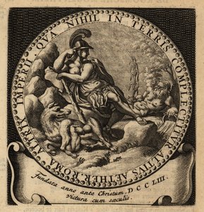Allegorisk figur af Romerriget, Romulus og Remus.