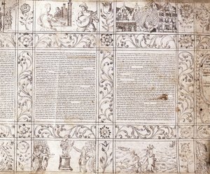 Oplyst manuskript i sefardisk skrift, der viser scener af hollandsk liv og Bibelen med blomsterkartoucher, 1600-tallet af Netherlandish School