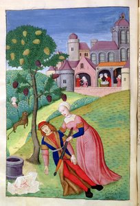 Ms 324 f.44 v. Alcithoe, Pyramus og Thisbe, Mulberry tree skifter farve, fra Metamorphoses af Ovid, 1479