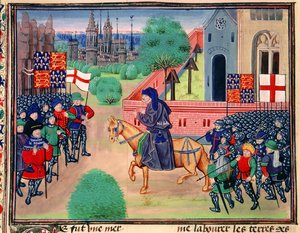Roy 18 E I f.165v Bondeoprør, der viser fanerne fra England og St. George, John Ball vist i spidsen for oprørerne, illustration fra 