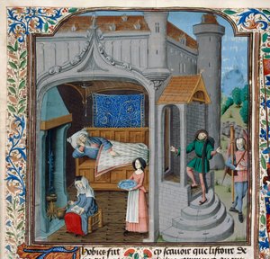 Royal 15 D,I, f.18, Blændingen og helbredelsen af Tobit (vellum) af Netherlandish School