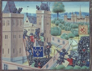 Royal 18 E.1 Fol.345 Opfangningen af Wark Castle af franskmændene og skotterne fra bog II af 