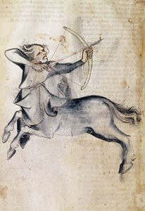 Sloane 3983 f.9v Tegning af Skytten; fra en oversættelse af en persisk astrologisk afhandling, "Liber Astrologiae" (vellum) af Netherlandish School