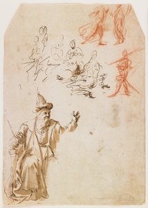 Studie af en gammeltestamentlig profet og andre figurstudier (recto); Studie af en mandsfigur med et reb (verso) (pen & brun blæk & vask, rød & sort kridt) af Netherlandish School