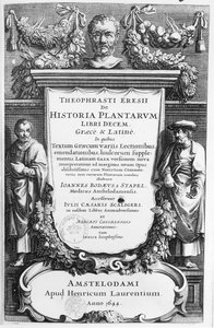 Titelblad til Historia Plantarum Libri Ten af ​​Theophrastus (ca. 372-c.287 f.Kr.) udgivet i Amsterdam i 1644 af Netherlandish School