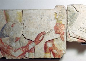 Mødet mellem Farao og Horus, detalje fra en frise, der forestiller Ramses II (1298-32 f.Kr.) blandt guderne, fra Abydos, ca. 1275 f.Kr. (malet sten) af New Kingdom Egyptian