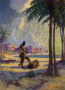 Illustration til Robinson Crusoe (farve litho)