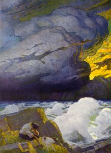 Illustration til Robinson Crusoe (farve litho) af Newell Convers (after) Wyeth