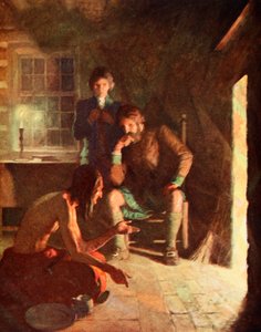 Det indiske Longthought-møde i et tidligt nybyggerhjem (farve litho) af Newell Convers (after) Wyeth
