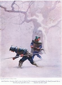 Og Lawless, der holdt et halvt skridt foran sin ledsager og holdt hovedet frem som en jagthund på duften - studerede hans vej, 1916 af Newell Convers Wyeth