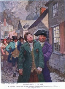 Johnnys nederlag på havnen: Han støttede Johnny ned ad vejen. De andre fulgte efter og råbte skældsord i lave ondskabsfulde toner, 1928 af Newell Convers Wyeth