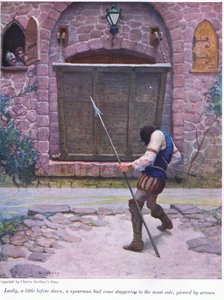 Til sidst lidt før daggry er en spydmand kommet vaklende til voldgravssiden, gennemboret af pile, 1916 af Newell Convers Wyeth