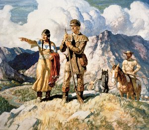 Sacagawea med Lewis og Clark under deres ekspedition 1804-06 (farve litho)