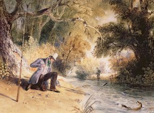 Pike Fishing, Landing a Jack, ca. 1839 (akvarel på papir) af Newton Fielding