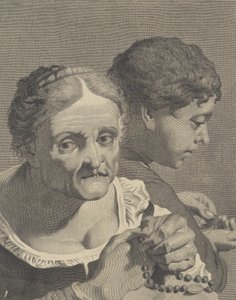 Kopi på bagsiden af en gammel kvinde med rosenkrans og en dreng, der tæller mønter, tallerken 10 fr..., ca. 1750-90. af Niccolò Cavalli
