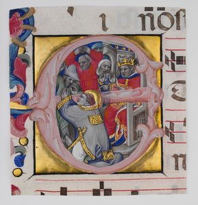 Manuskriptbelysning med Sankt Stefans martyrdød i en indledende E..., ca. 1394-1402. af Niccolò di Giacomo da Bologna