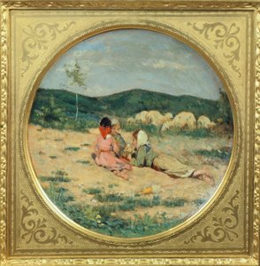 Tallerken malet med hyrdefigurer, af Niccolo Cannicci, ca. 1880, olie på terracotta tallerken