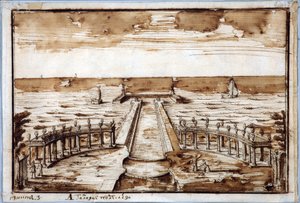 Colonnade ""Curves Gallery"" ved Gateway i Peterhof. Projekt - Nicola Michetti (1675-1759). Pen, brunt indisk blæk på papir af Niccolo Michetti