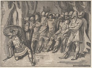 Ajax nederst til venstre holder et skjold højt, til højre står Agamemnon omgivet af hans..., 1540-50.