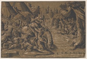 Cloelia den romerske helt i centrum bliver hjulpet op på en hest, Rom i baggrunden,..., 1540-50