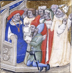 En kardinal, der sidder i dom over en biskop, anklaget af to lægmænd, ca. 1380 (maling og bladguld på vellum) af Niccolo di Giacomo