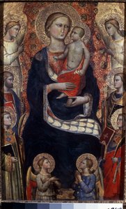 Madonna og barn med hellige og engle. Madonna med barn, hellige og engle. Maleri af Niccolo di Pietro Gerini (ca. 1350-1415). Florentinsk kunst, middelalder. Tempera på træ. Eremitagemuseet, Sankt Petersborg