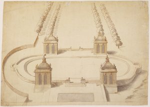 Design til en Bowling Green, Hampton Court, ca. 1689-91 (pen og brunt blæk, vask og grafit på papir) af Nicholas Hawksmoor