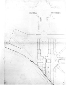 Planlægning af plan I, Hampton Court, 1689 (pen og blæk og blyant på papir) af Nicholas Hawksmoor