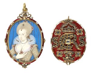 Portrætminiature af dronning Anne af Danmark (1574-1619) med juvelbesat låg, o.1611 (wc på pergament, emaljeret guldramme med borddiamanter) (se også 69710)