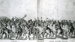 Tavle 12 og 13 af pave Clemens VII og kejser Karl Vs indtog i Bologna den 24. februar 1530, offentliggjort ca. 1530 af Nicholas Hogenberg