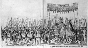 Pave Clemens VII og kejser Karl Vs indtog i Bologna den 24. februar 1530, plade 27, ca. 1530 af Nicholas Hogenberg