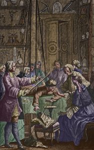 Elektrisk eksperiment lavet på en mand af Abbe Jean Antoine Nollet (1700-70) i et fysikerskab, frontispice illustration fra Essai sur lelectricite des corps af Nollet, udgivet 1746, graveret af af Nicholas Lesueur