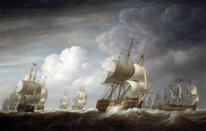 En flåde af indianerskibe, britiske skibe fra det ostindiske handelskompagni. Olie på lærred af Nicholas Pocock