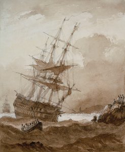 To-dækker i storm ud for kysten, slutningen af det 18. til begyndelsen af det 19. århundrede (brunvask) af Nicholas Pocock