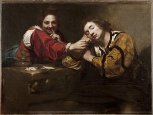 Fortune Taling Scene (Sleeper Awakened by a Young Woman), af Renieri, Niccolo (Nicolas Regnier) (ca. 1590-1667). olie på lærred af Nicholas Renieri