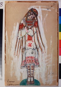 Kostume til en kvindelig karakter fra balletten ""The Rite of Spring"" af Igor Stravinsky (1882-1971). Værk af Nicolas (Nicholas) Roerich (1874-1947), gouache på pap af Nicholas Roerich