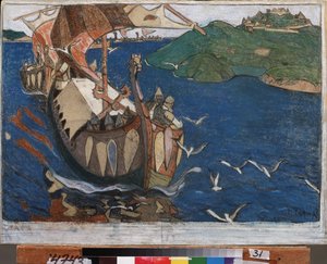 Oversøiske besøgende. Varangianerne (eller Rus) i Rusland. danske og svenske vikinger, som rejste gennem hele de østlige områders flodsystem og byggede forter. Værk af Nicholas Roerich (1874-1947), tempera på pap af Nicholas Roerich