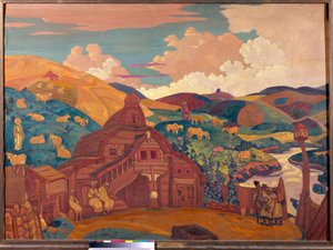 De tre glæder. Maleri af Nicolas (Nicholas) Roerich (1874-1947), tempera på lærred af Nicholas Roerich