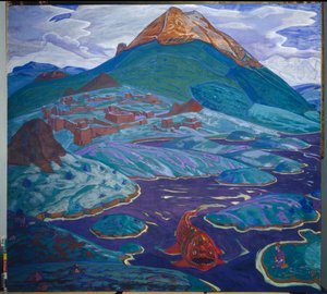 Fantastisk landskab. En chudo yudo (rødt vandmonster) svømmer i bugtningen af ​​en bjergstrøm, hen mod en mand, der knæler i meditation på bredden, foran ruinerne af en befæstet by. Arbejde af Nicholas (Nicolas) Roerich (1874-19 af Nicholas Roerich