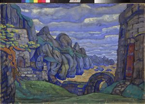 Landsby ved havet Forberedende indretning til operaen Tristan og Isolde af Richard Wagner (1813-1883). Værk af Nicholas Roerich (1874-1947), gouache og tempera på pap af Nicholas Roerich