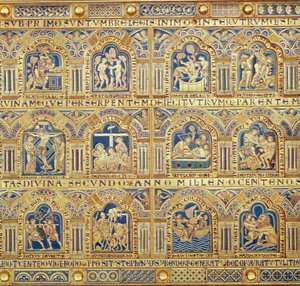 Verdun-alteret, detalje af dekorative paneler, der viser bibelske scener, champleve-emaljeværk fra 1181