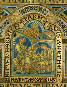 Samsons fødsel, Manoah med en middelalderlig jødehat ... (emalje på forgyldt kobber) af Nicholas of Verdun