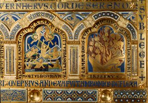 Verdun-alter lavet i guld og emaille af Nicolas de Verdun (ca. 1130/50-1205): scener fra Det Gamle og Nye Testamente: detaljer, der viser de døde, der forlader deres grav på den sidste dommedag, og forbanderne, der brænder i flammerne af helvede. 12. årh. 
