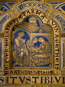 Verdun-alter lavet i guld og emalje af Nicolas de Verdun (ca.1130/50-1205): scener fra Det Gamle og Nye Testamente: detaljer, der repræsenterer Samsons fødsel. 12. århundrede Klosterneuburg Wien, Østrig - Verdun alter, emalje på forgyldt kobber, af Nicolas