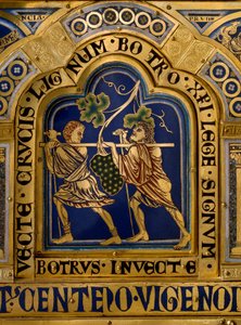 Verdun-alter lavet i guld og emalje af Nicolas de Verdun (ca. 1130/50-1205): scener fra Det Gamle og Nye Testamente: detaljer, der repræsenterer Josues og Kalebs tilbagevenden med en enorm klase druer fra Kanaans land (det lovede) Jord). 1100-tallets Klost