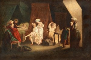 Lever des ouvrieres en mode, af Lafrensen, Niklas (Nicolas Lavreince eller Lavrince) (1737-1807). Olie på træ, størrelse: 27x39, , Privat samling
