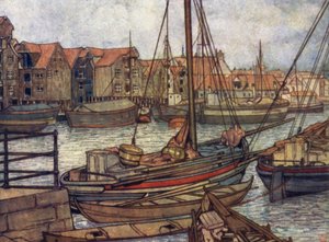 Norge: Bergens både og varehuse (farve litho)