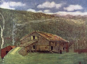 Norge: Bondegård og mølle ved Gjora (farve litho) af Nico Jungman